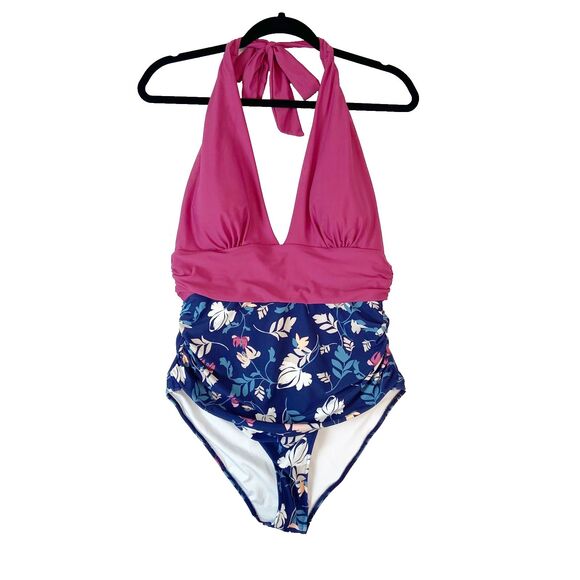 Cupshe One Piece Swimsuit Women's XL Pink Blue Halter Neck Floral Ruched Padded - Picture 1 of 4